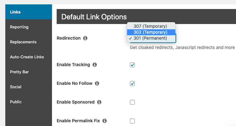 Pretty Links Plugin Settings