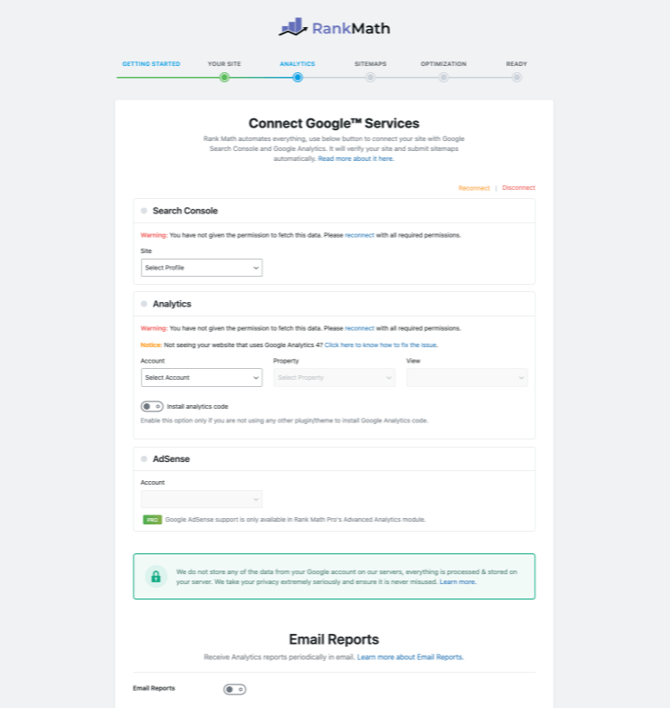 Rank math Review, analytics settings