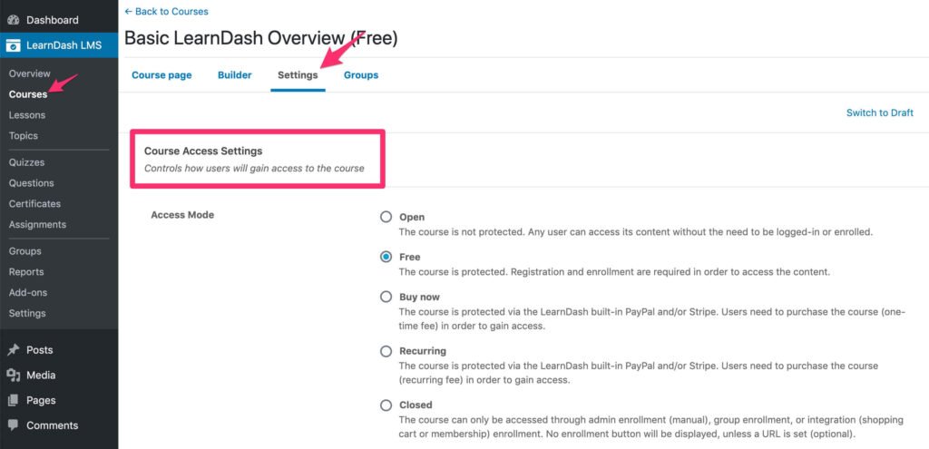 learndash-course-access-settings