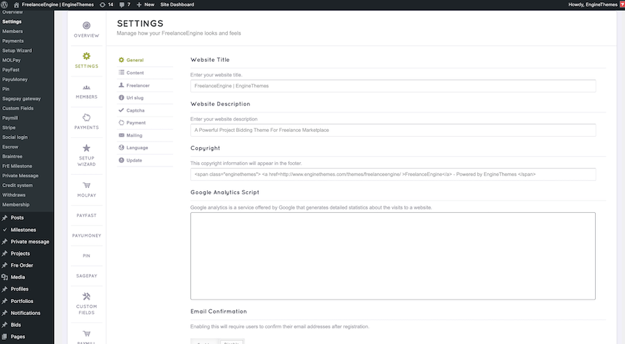 FreelanceEngine Theme Settings