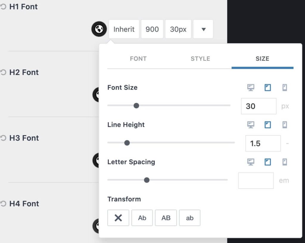 Kadence Theme Typography Settings