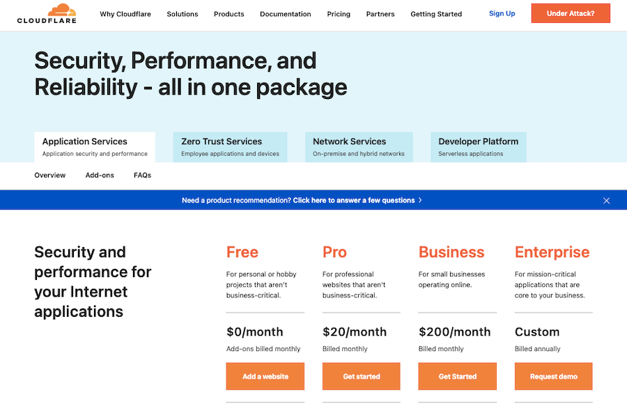 Cloudflare Pricing Application Services