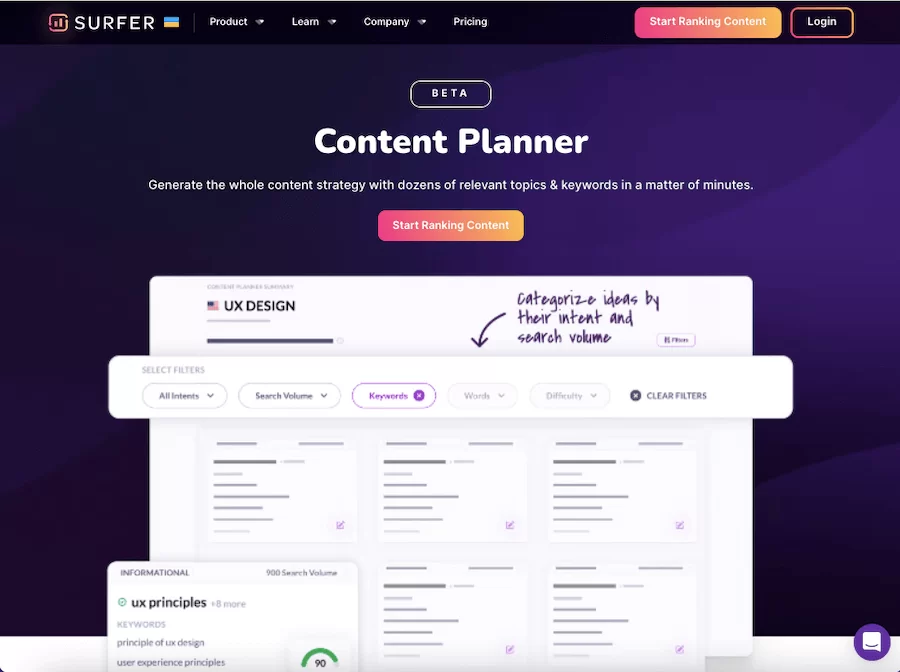Content planner of Sufer SEO