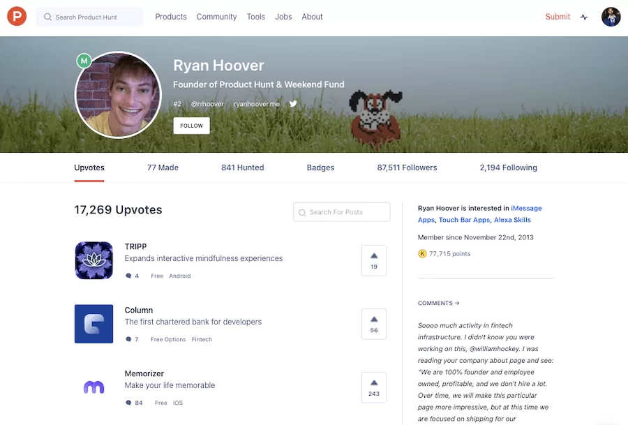 Product Haunt Profile Page